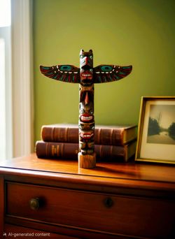 Vintage Hand Carved Painted Wood Totem Pole Sculpture 10" Tall 7.5" Wide