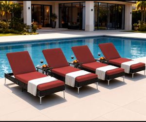 Set of 4 Outdoor Patio Wicker Chaise Lounge Chairs with Removable Cushion, Sunbathing Recliners.
