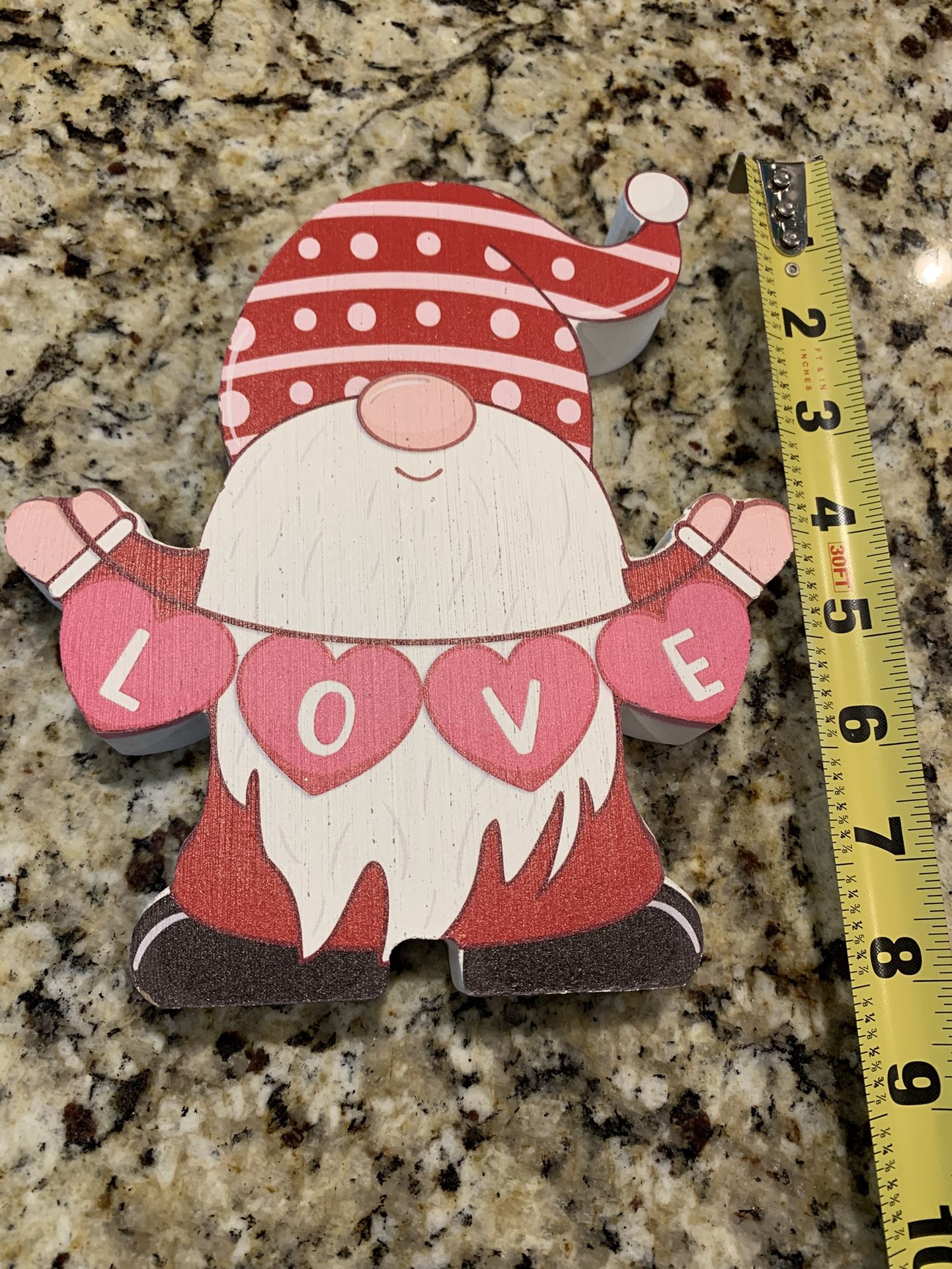 8 By 7 Inches Wide Wooden Gnome Holding Hearts Saying LOVE, Great For Gnome Lover, Thick Construction