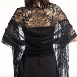 Black lace shawl with fringe , Ladies Gothic Sexy Fishnet Bodysuit , Punk Lace Emo grunge Clothing for women 