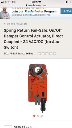 Electronic valve actuators. AFB24 Spring Return Fail-Safe, On/Off Damper Control Actuator, Direct Coupled - 24 VAC/DC (No Aux Switch)