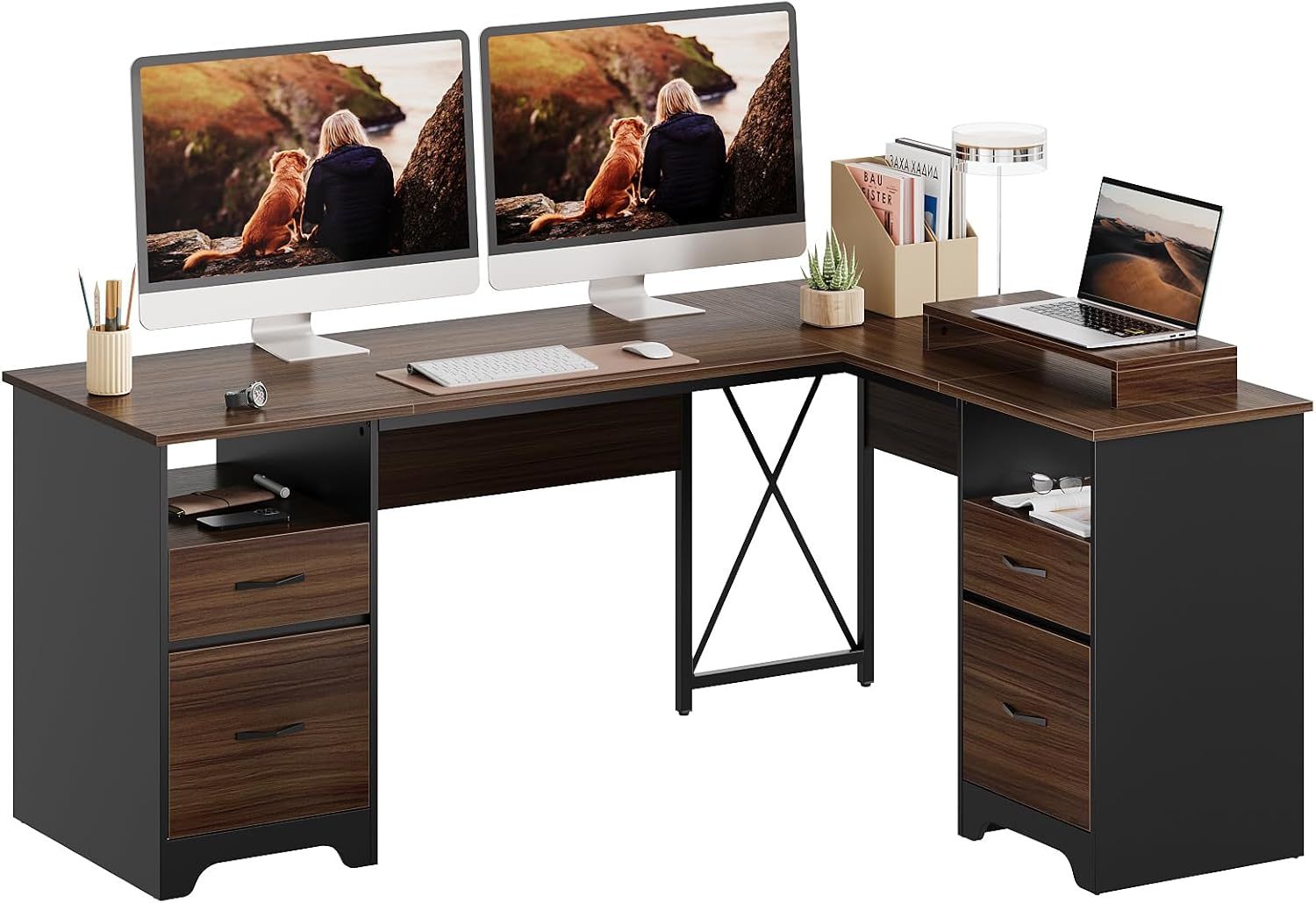Bestier L Shaped Desk with 4 Drawers, 63" x 47" Executive Desk with Open Storage & Monitor Stand, C