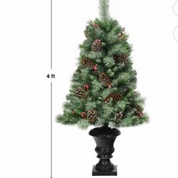 4 ft Christmas Entrance Tree with Pine Cones Red Berries and Glitter Branches