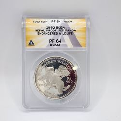 1992 Nepal 500 Rupees Red Panda Endangered Wildlife ANACS PF 64 DCAM Silver Coin