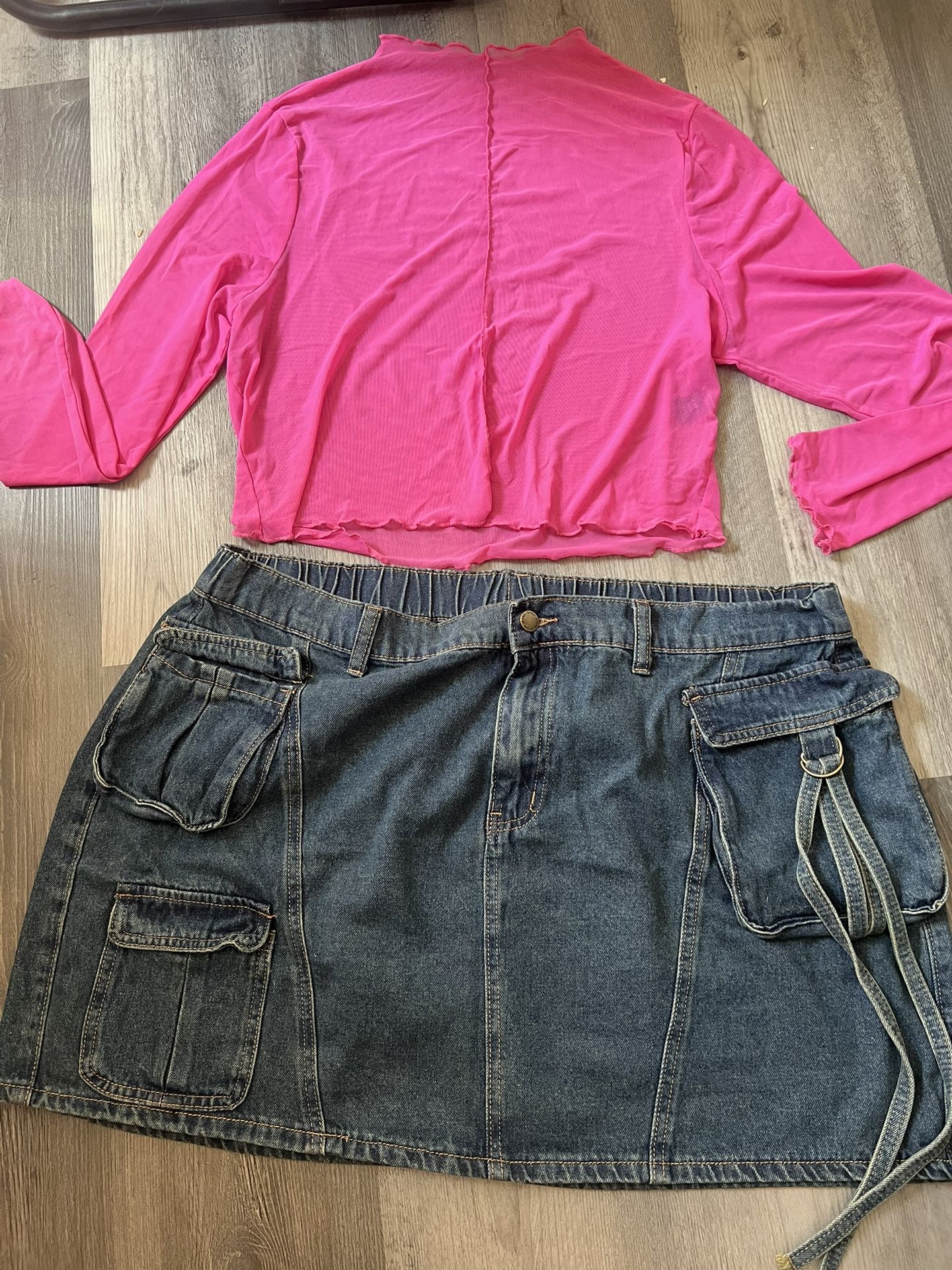 New! Women Okay Size Cargo Denim Skirt & Mesh Top