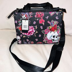 New Black Ed Hardy Crossbody Purse Bag Tattoo Y2K Heart Rose Skull MSRP $75