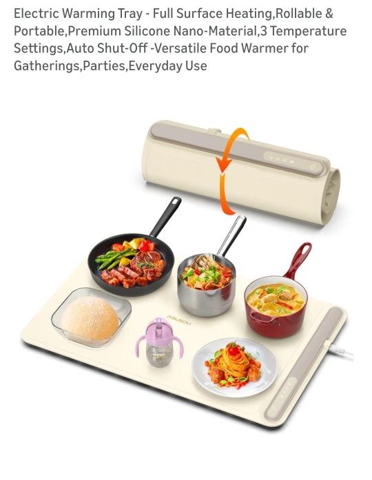 Electric Warming Tray Full Surface Heating,Rollable & Portable,Premium Silicone Nano-Material,3 Temperature Settings,Auto Shut-Off -Versatile Food