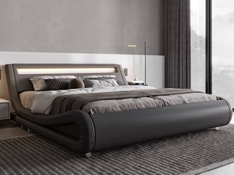Full Size LED Platform Bed Frame with Adjustable Headboard, Grey Low Profile Sleigh Design, Upholstered Faux Leather, Strong Wood Slats Support, Moder