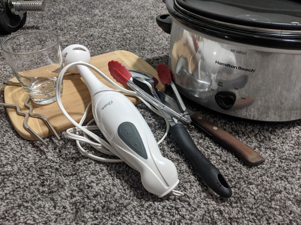 Kitchen Starter Kit - Crockpot, Cutting Board, Serrated Knife, Immersion Blender, Utensils