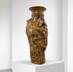 13” Studio Art Pottery Green Man Relief Vase Brown Drip Glaze Sculptural