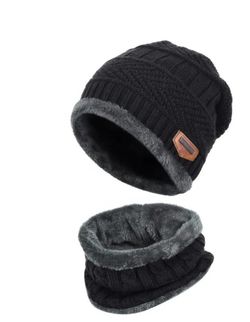 Black 2 Pcs High Quality Unisex Winter Cap Warm Wool Lining Knitted Hat Beanie & Scarf
