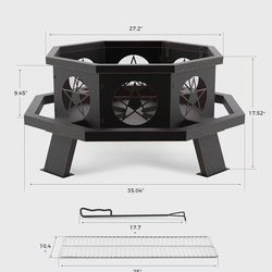 🥨35 inch Fire Pit, Large Firepits for Outside Wood Burning Fire Pits with Cooking Grill, Outdoor Fire Pit Octagonal Heavy Duty Firepit with Poker for