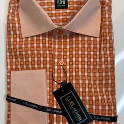 Luel Homme Men’s Dress Shirt 16.5 36/37 Orange Check Classic Fit New