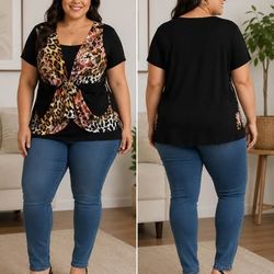 Solar Plus Size Mixed Animal Print Top – Rhinestone Buckle Waist, Short Sleeve