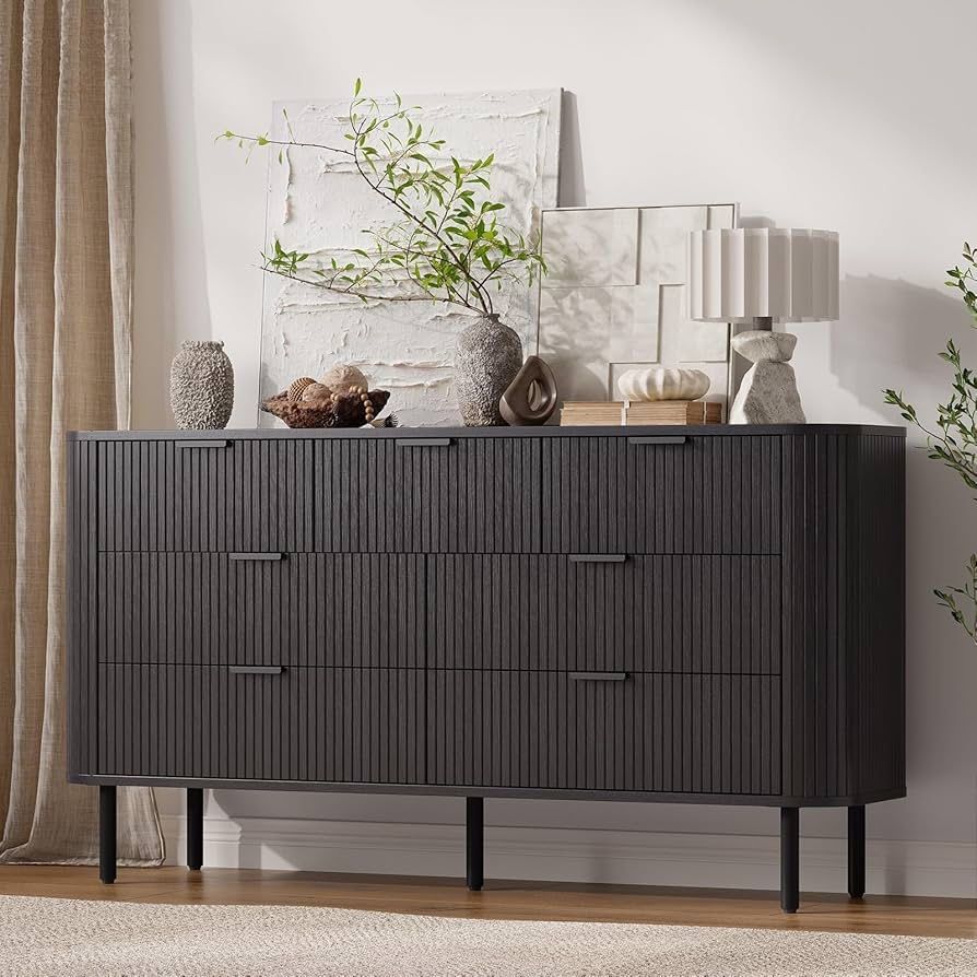 Fluted Dresser for Bedroom with 7 Drawers, 60 Inch Wide Modern Chest of Drawers with Metal Handle, Curved Profile Design, Wood Dresser TV S
