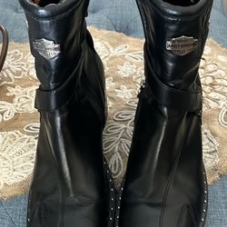 Black Leather Harley Davidson Women Boots 