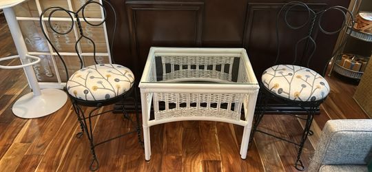 White Wicker Glass Top Side Table