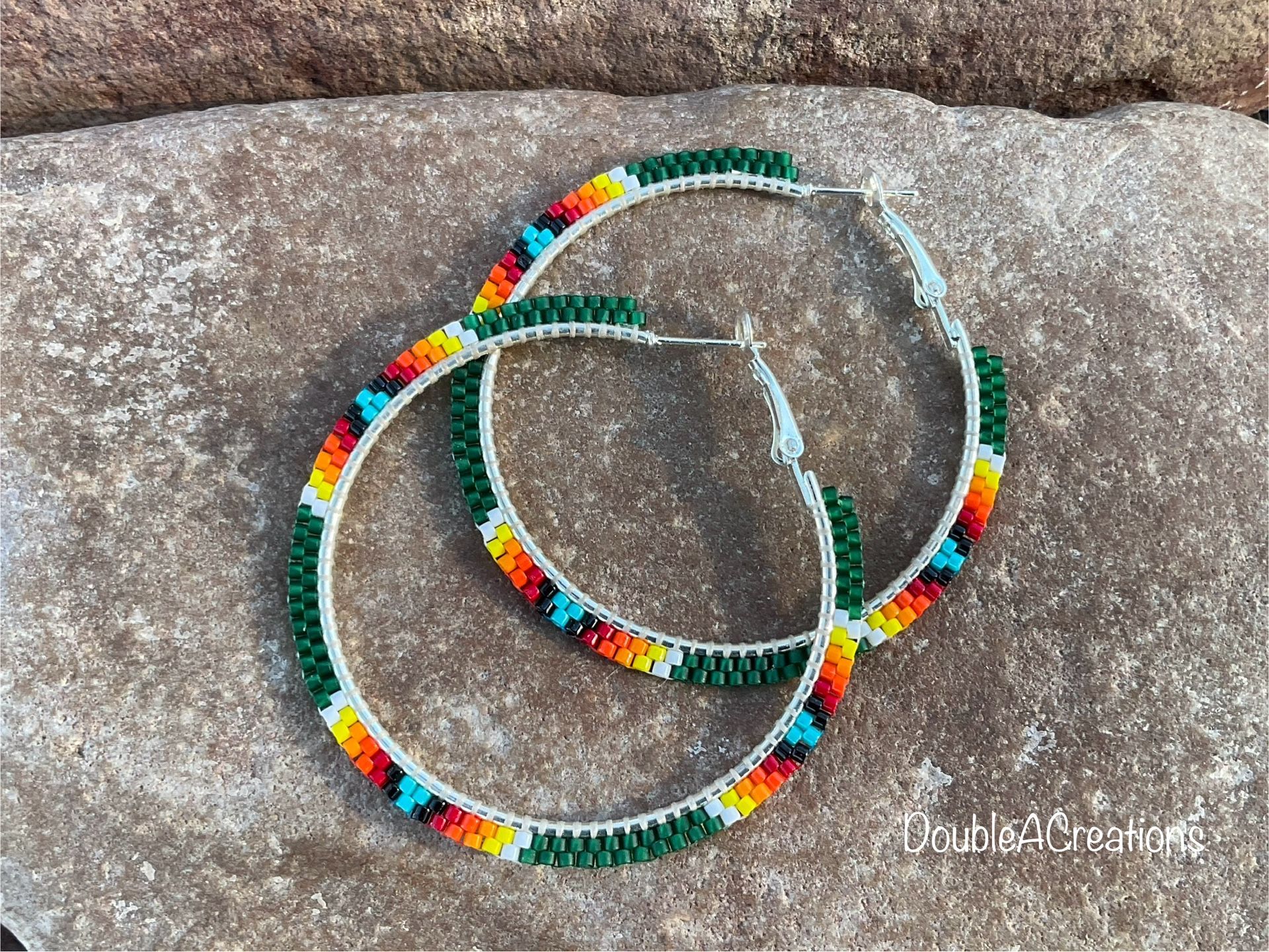 Forest Green With Native Colors 2 Inch Hoops, New, Handmade By Me
