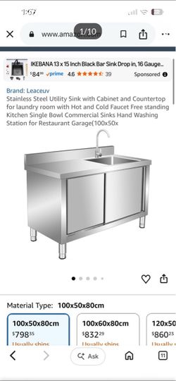 Stainless Steel Utility Sink with Cabinet and Countertop for laundry room with Hot and Cold Faucet Free standing Kitchen Single Bowl Commercial Sinks