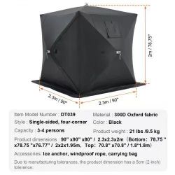 Portable Ice Shelter, 3-4 Person Pop-Up Ice Fishing Tent, 43 Square Feet Fishable Area, Ice Shanty for Winter Fishing, Waterproof Oxford Ice Cube with
