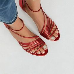 New! FREE PEOPLE Disco Fever Heel Red Leather Metallic