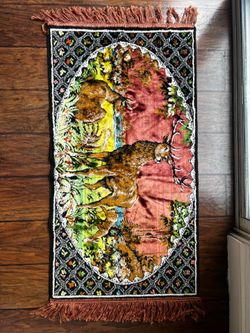 1960s Plush Velvet Tapestry – Deer & Waterfall, 44” Wall Hanging