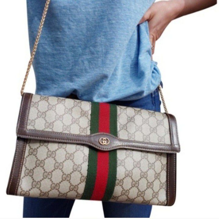 Authentic Vintage Gucci GG Monogram Supreme Sherry Web Ophidia Neo Clutch Crossbody Bag