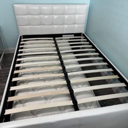 Full Size Bed Frame with Faux White Leather Headboard and Twin Trundle Bed
