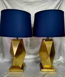 1970's Pair of Cityscape Faceted Origami / Geometric Brass Table Lamps 28" Tall
