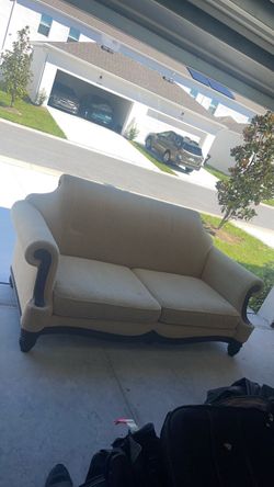Traditional Beige Fabric Loveseat with Wood Trim