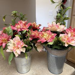 Two Cute Handmade Artificial Flowers with Galvanized Bucket Vases. 