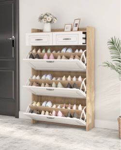White & Oak Shoe Cabinet with 3 Doors & 2 Drawers, Large Capacity Entryway Storage Organizer