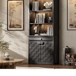 STO'SENSE 72.2" Tall Bookshelf & Bookcase with LED Lights, 6-Tier Bookshelf with Drawer and Open Shelves, Modern Display Storage Cabinet with Doors fo