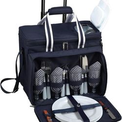 NEW Picnic At Ascot Insulated Cooler Picnic Rolling Roller Wheeled Picnic Tote Bag With plates Utensils, Wine Glasses