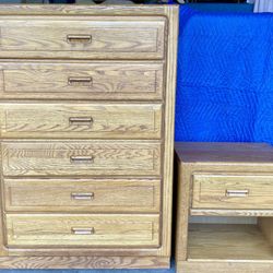 Stanley 6 Drawer Oak Highboy Dresser Chest and Nightstand