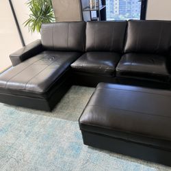 Black Leather Sofa with chaise & Ottoman 