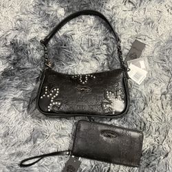 Ed Hardy Crossbody Black Rhinestone Skull Embossed Bag Purse NWT Y2K