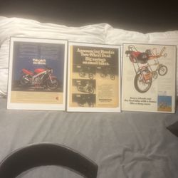3 Glass Framed Vintage Honda Motorcycle Posters