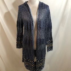 Christopher & Banks Blue design Loose Knit Open Front Hooded Sweater - Womens XL, NWT, length 34.5”
