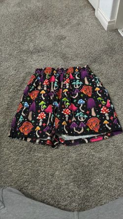 Streetwear shorts bundle: Trippy Magic Mushroom Graphic Shorts Black Neon Colorful Rave Psychedelic Swim Trunks, Chinese Opera Kabuki Mask Graphic Sho