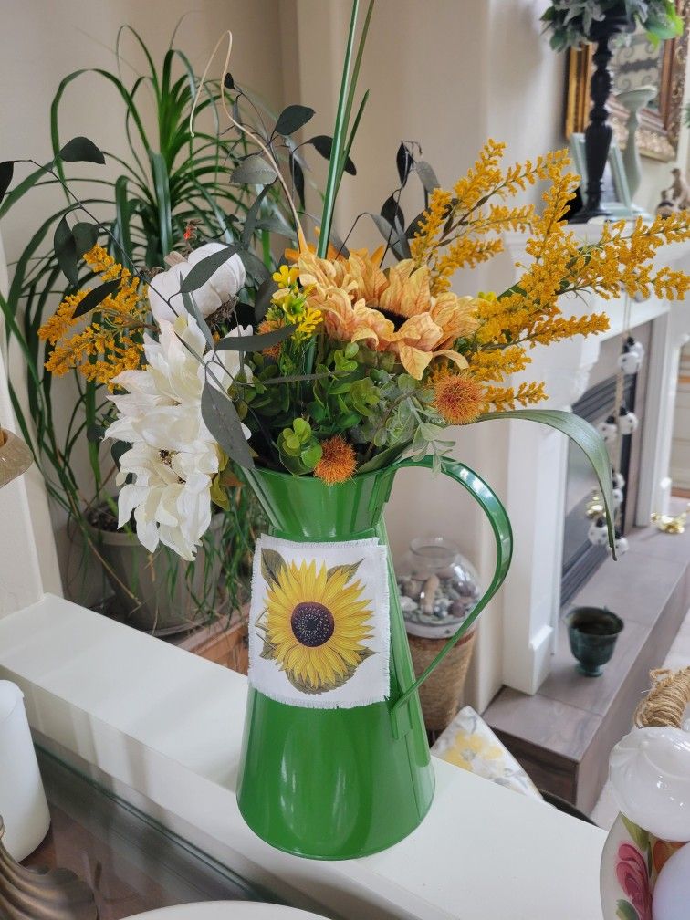Enamel Pitcher With Decorative Sunflower Fabric
