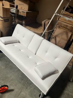 Convertible Sofa Bed Adjustable Couch Sleeper Modern Faux Leather Home Recliner Reversible Loveseat Folding Daybed Guest Bed, Removable Armrests, Cup 