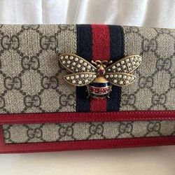 Brand New RED GG SUPREME WEB QUEEN MARGARET WALLET ON CHAIN (WOC)