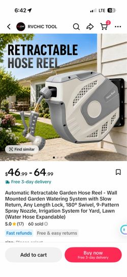33ft Automatic Retractable Garden Hose Reel Wall Mounted with 9-Pattern Nozzle