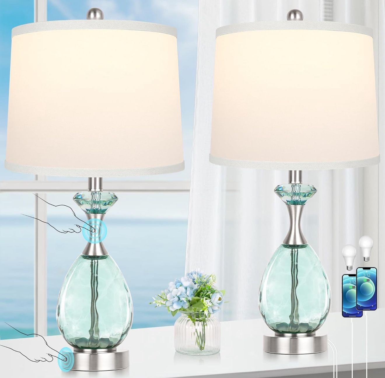 26" Coastal Glass Table Lamps Set of 2, 3-Way Dimmable Touch Control Blue Nautical Lamps