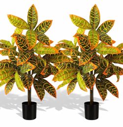Lunmon 2 Pack 29.5 Inch Artificial Croton Tree Potted Plant, Fall Faux Fiddle Leaf Fig Tree with Detachable Trunk, Lifelike Autumn Ficus Plant for Ind