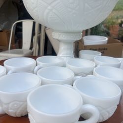 Vintage Milk Glass Punch Bowl Set