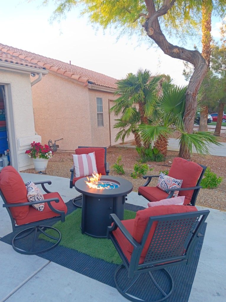 Patio Set Fire Pit And 4 Rocking Chairs With Cushions