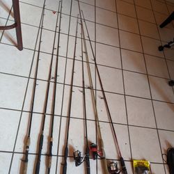 8 Fishing Rods And 3 Reels. A Couple Of Accessories 