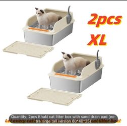 Khaki Color  2pcs Stainless Steel Cat Litter Box With Splash Proof Cover, Oversized Top In Cat Toilet, Semi Enclosed, Anti Sand Cat Litter Box